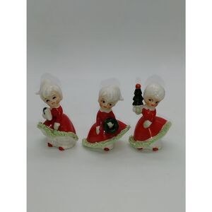 Vintage Enesco? Trio of Ceramic Carolers in Red Dresses with Spaghetti Trim